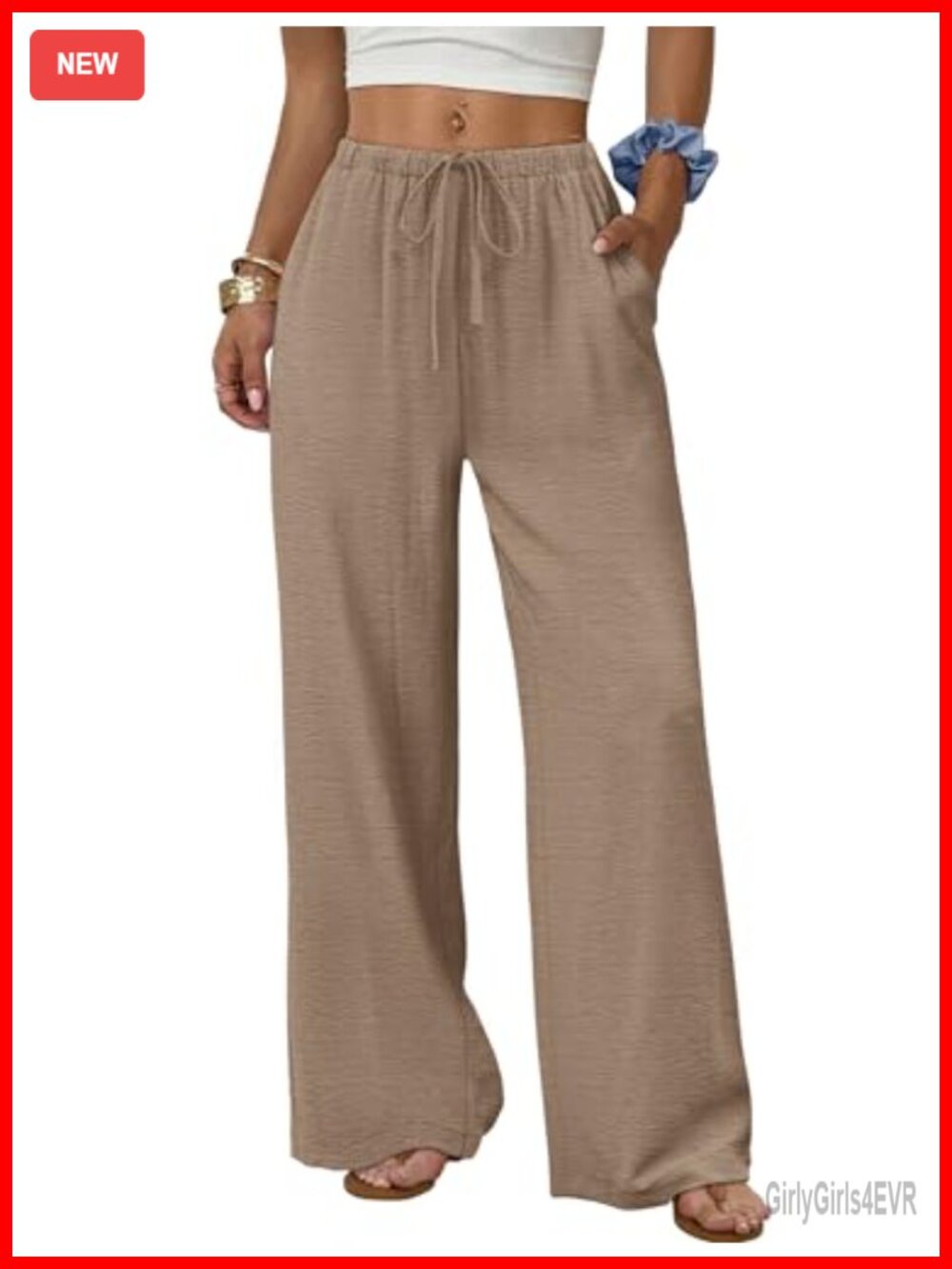 Wide Leg Palazzo Pants Drawstring Elastic Waist with Pockets